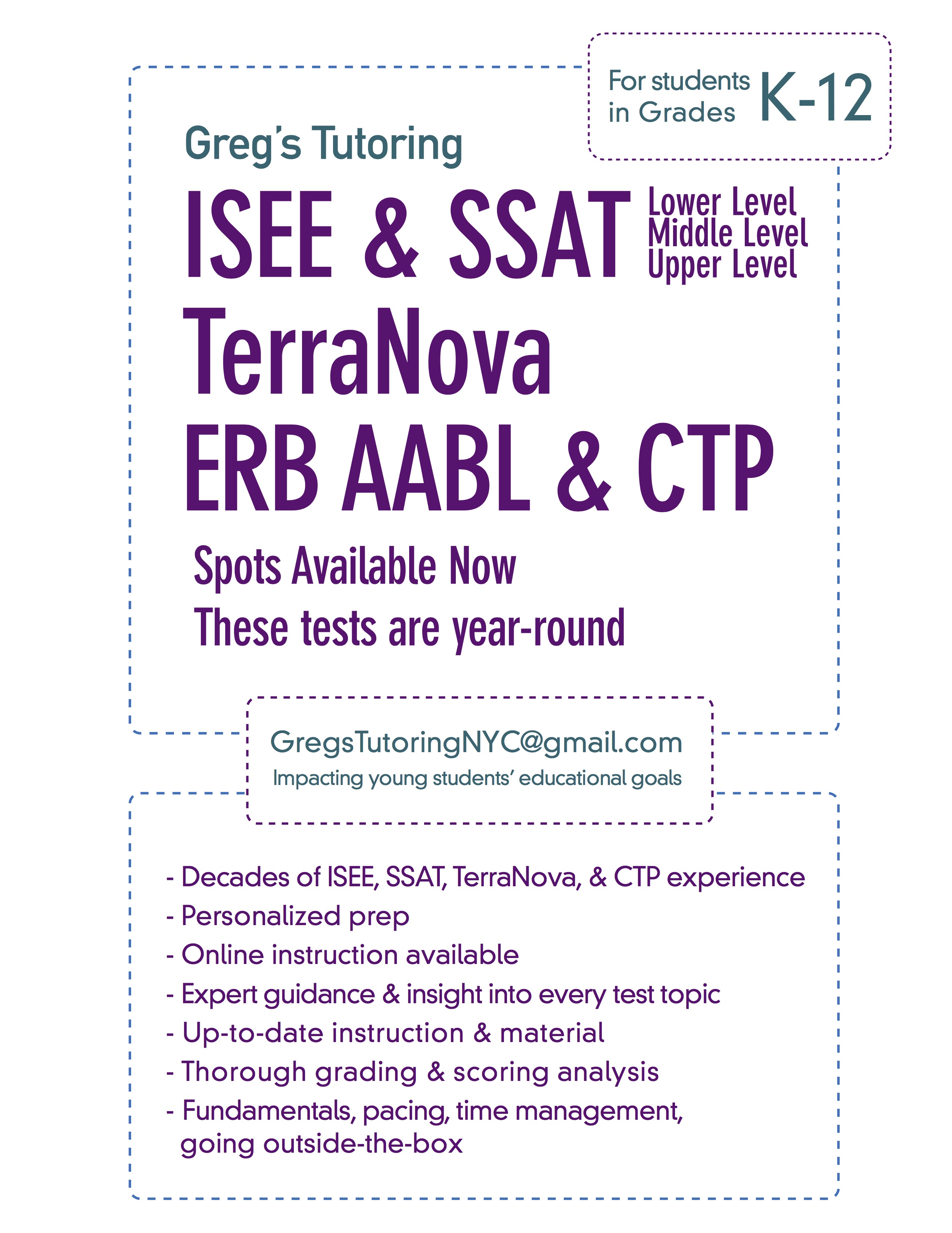 ISEE SSAT ERB CTP AABL Tutoring Available Now
