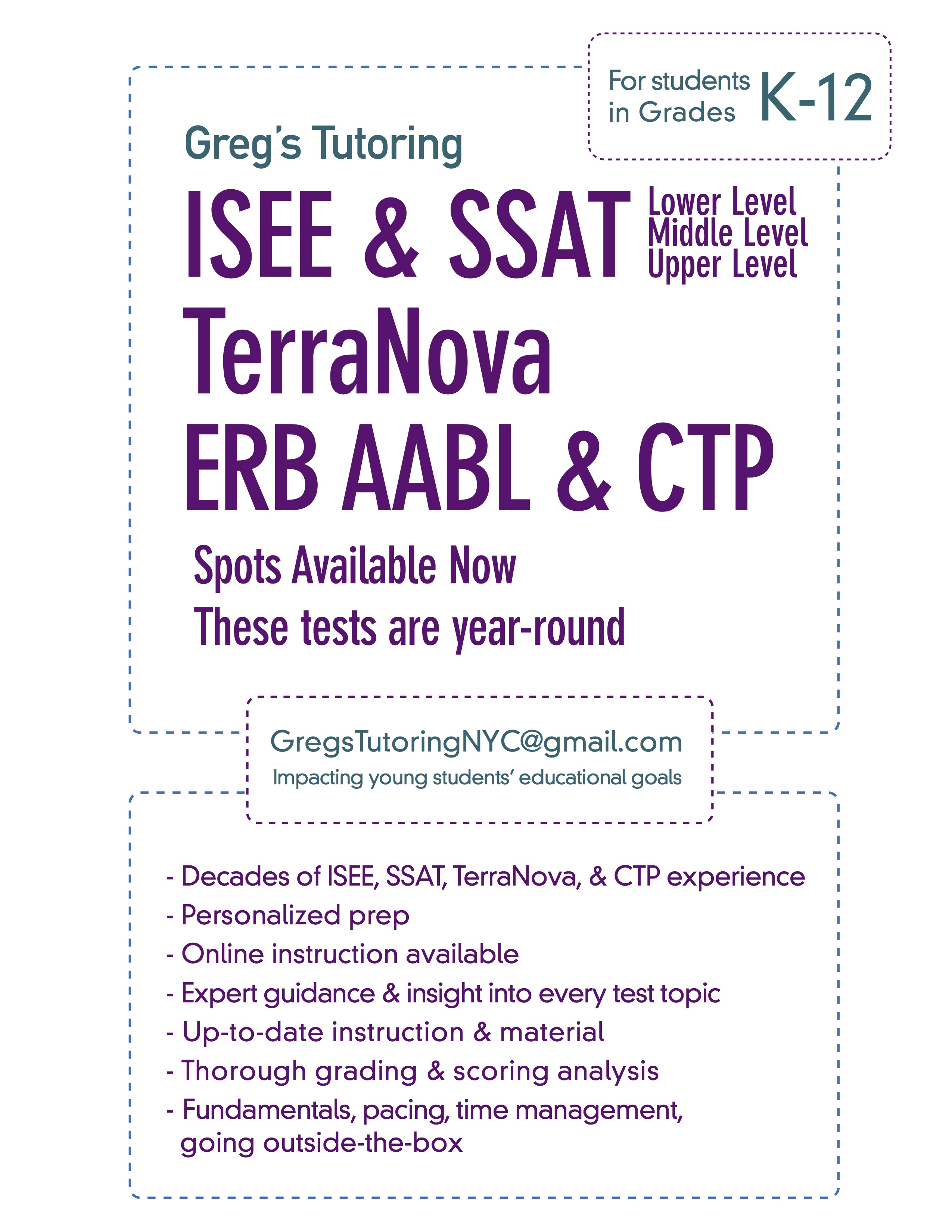 ISEE SSAT ERB CTP AABL Tutoring Available Now