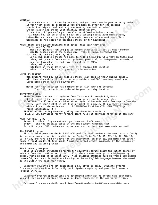 Greg's Tutoring SHSAT SHS DREAM Program Information